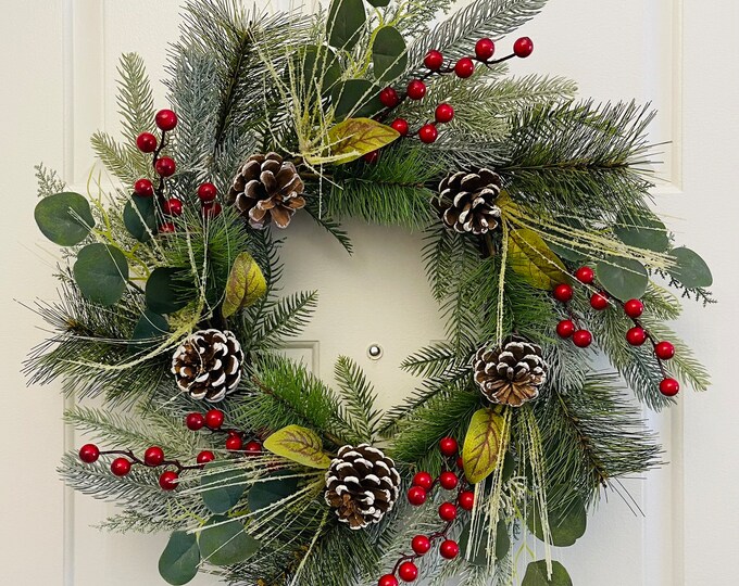 Christmas Wreath for Front Door, Winter Pinecone Wreath, Holiday Door ...