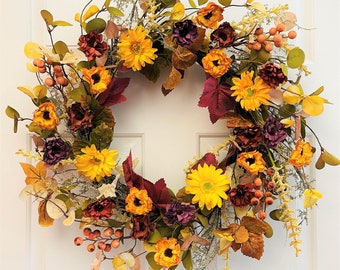 Fall flowers wreath for doors, Fall berry flowers wreath, Autumn flowers wreath, Multi flowers wreath, Everyday flowers wreath