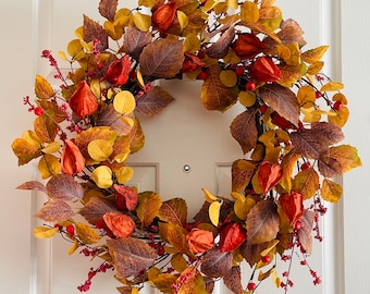 Fall leaves berry wreaths, Fall Lantern berry wreath,  Fall wreath for front door, Autumn leaves wreath, Brown leaves wreath