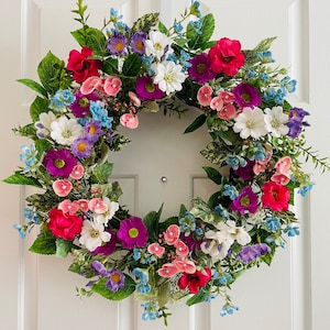 Spring/Summer flowers wreath, Front door flowers wreath, Pink flowers wreath, Purple flowers wreath, Everyday wreath image 2