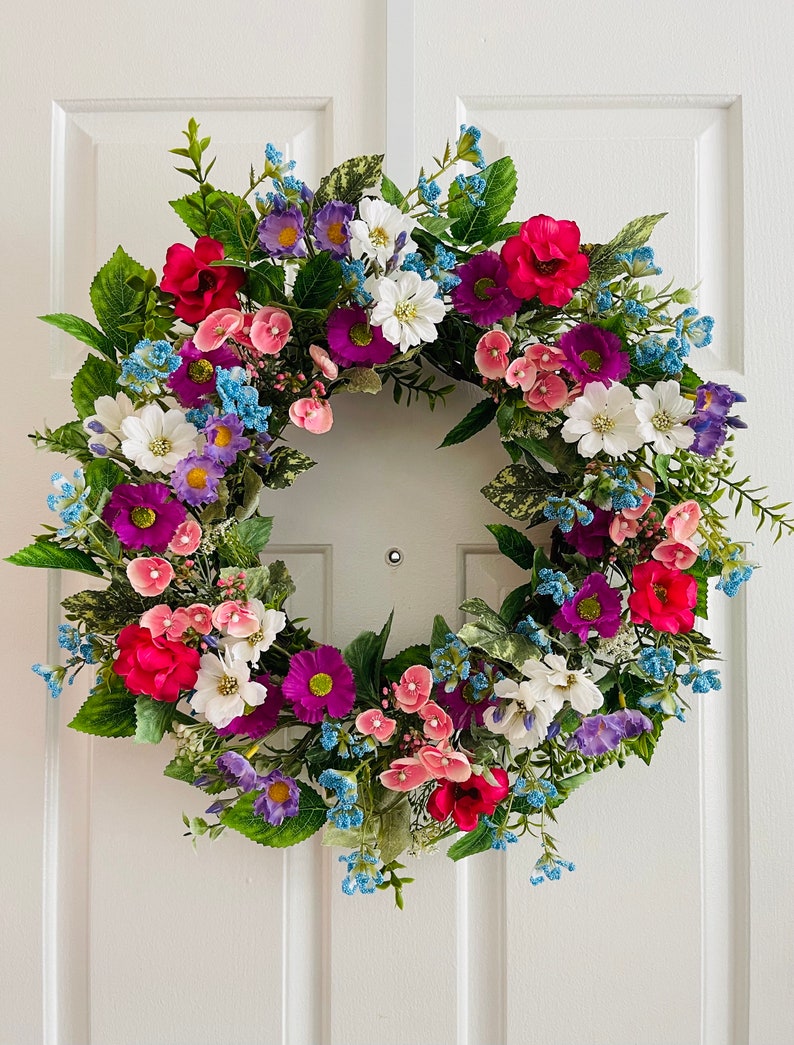 Spring/Summer flowers wreath, Front door flowers wreath, Pink flowers wreath, Purple flowers wreath, Everyday wreath image 2