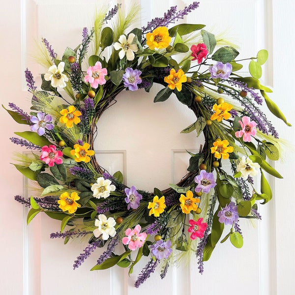 Spring flowers wreath, Spring/Summer wreath for front door, Summer flowers berry wreath, Flower wreath, Front door wreath, Everyday wreath