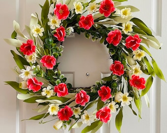 Spring flowers wreath, Spring wreath for front door, Coral flowers berry wreath, Front door wreath, Everyday wreath