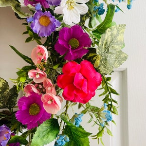 Spring/Summer flowers wreath, Front door flowers wreath, Pink flowers wreath, Purple flowers wreath, Everyday wreath image 5