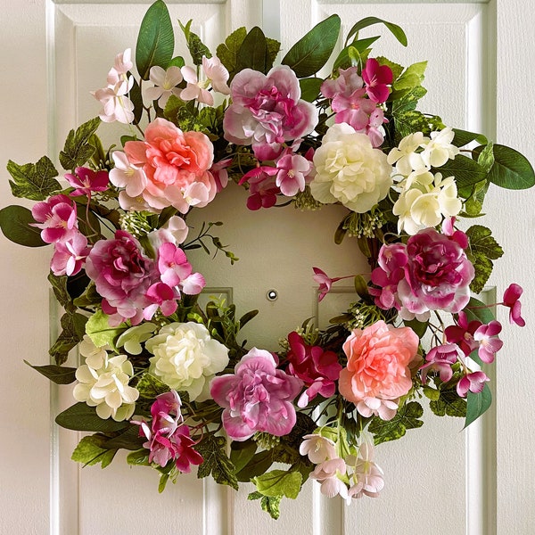 Spring wreath for front door, Flower berry wreath, pink flowers wreath, Front door wreath, Everyday wreath