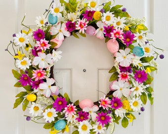 Easter flowers wreath, Easter egg wreath for front door, Spring flowers egg wreath, Flowers egg wreath for front door.