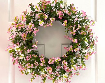 Spring pink flowers wreath, Pink flowers wreath for front door, Front door spring wreath , Everyday flowers wreath.