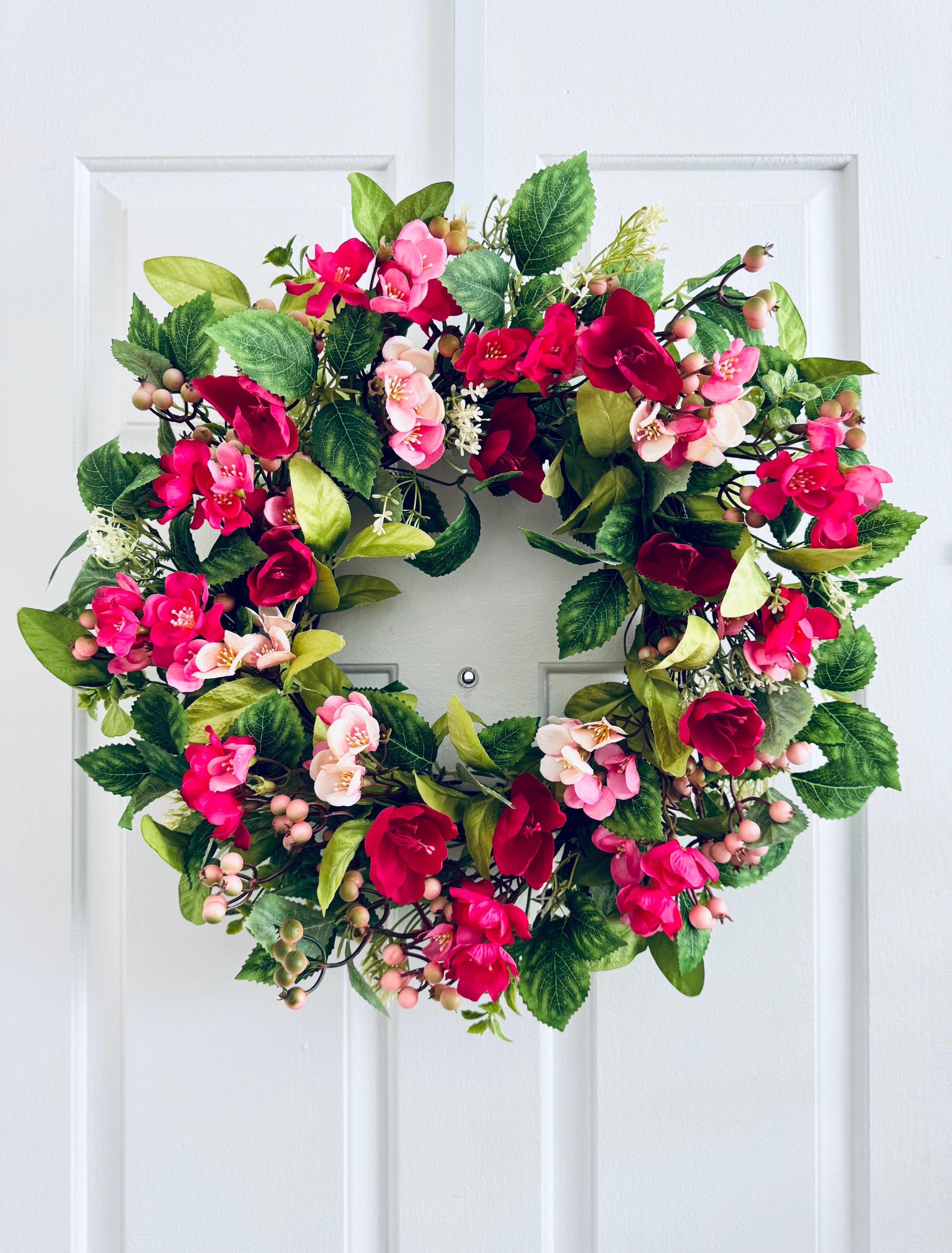 Spring Floral Wreath, Summer Rose Wreath, Pink & Red Flowers, Front ...