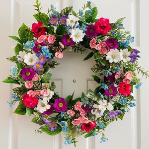 Spring/Summer flowers wreath, Front door flowers wreath, Pink flowers wreath, Purple flowers wreath, Everyday wreath image 1