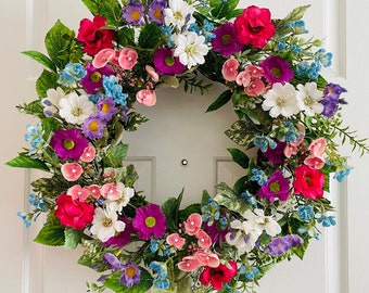 Spring/Summer flowers wreath, Front door flowers wreath, Pink flowers wreath, Purple flowers wreath, Everyday wreath