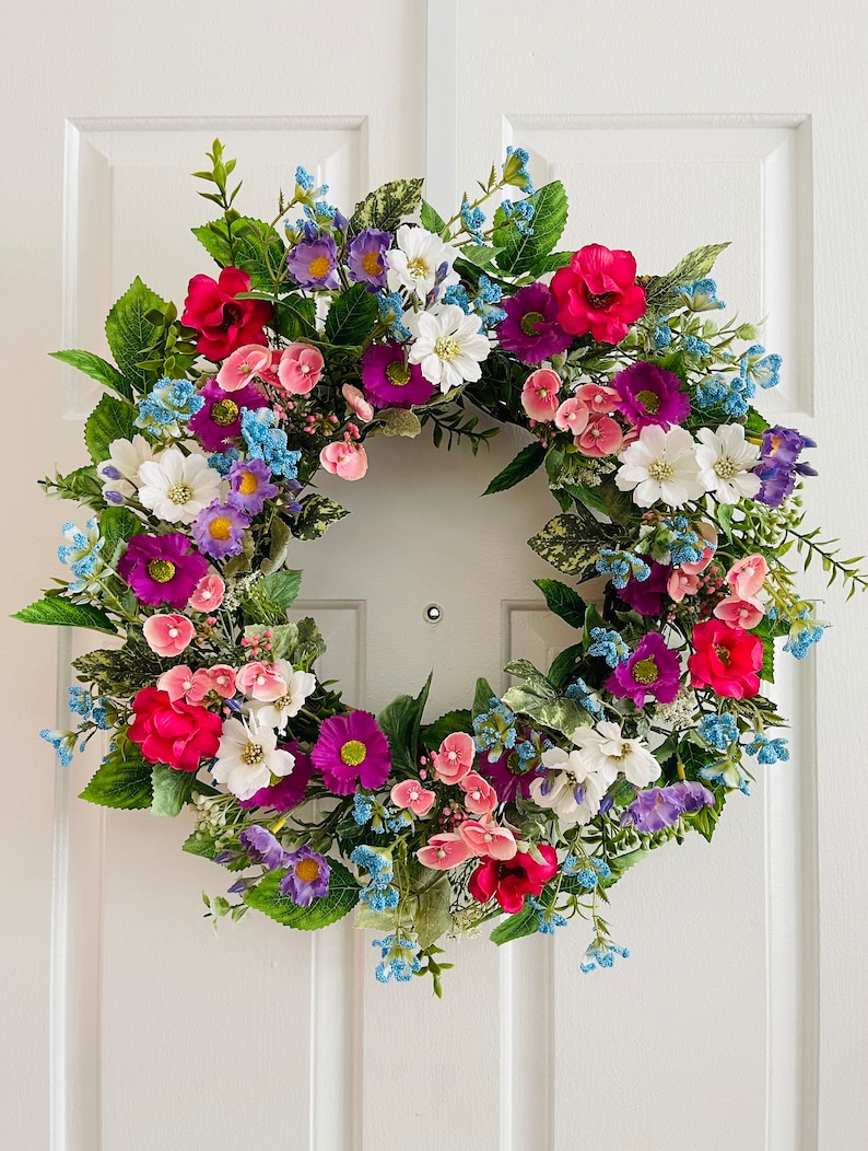 Spring/Summer flowers wreath, Front door flowers wreath, Pink flowers wreath, Purple flowers wreath, Everyday wreath image 1