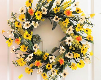 Spring/Summer flowers wreath, Front door yellow flowers wreath, Summer yellow flowers wreath, Everyday wreath