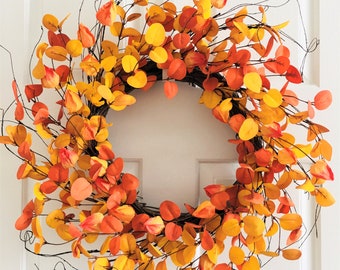 Fall leaves wreath for front door, Chinese lantern berry wreath, Orange leaves wreath, Front door wreath, Everyday wreath