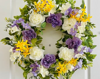 Spring purple flower wreath, Spring yellow flower wreath, Spring wreath for front door, Everyday wreath