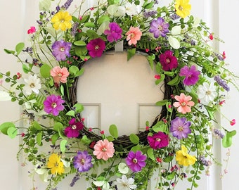 Spring wreaths for front door, Summer Flower berry wreath, Flower wreath, Front door wreath, Everyday wreath.