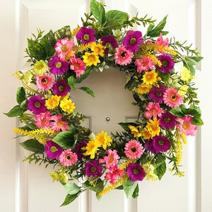Spring/Summer flowers wreath, Flowers wreath for front door, Spring pink flower wreath, Pink yellow flowers wreath, Summer flowers wreath. image 1