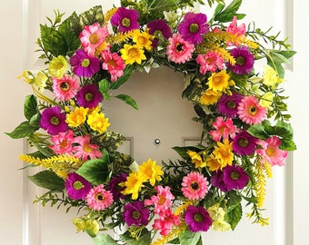 Spring/Summer flowers wreath, Flowers wreath for front door, Spring pink flower wreath, Pink yellow flowers wreath, Summer flowers wreath.