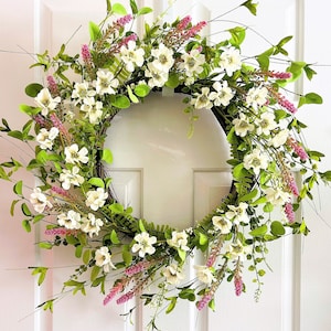Spring white flowers wreath, White flowers wreath for front door, Everyday white flowers wreath, White mini flowers wreath
