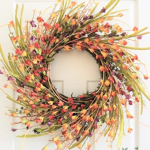 Fall wreaths for front door, Autumn flowers wreath,Summer flowers wreath, Orange red flowers wreath, Everyday wreath