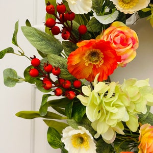 Spring/Summer flowers wreath, Front door flowers wreath, Summer orange flowers wreath, Everyday wreath image 3