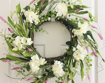 Spring white flower wreath,summer floral wreath,Front door wreath,Everyday wreath,Purple pink flower wreath