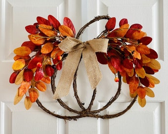 Fall pumpkin wreath, Pumpkin leaves wreath, Grapevine pumpkin wreath, Pumpkin red leaves wreath, Yellow leaves pumpkin wreath