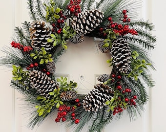 Christmas pinecone wreath, Holiday door wreath, Winter pine berry wreath, Christmas berry wreath for front door, Red berry pinecone wreath
