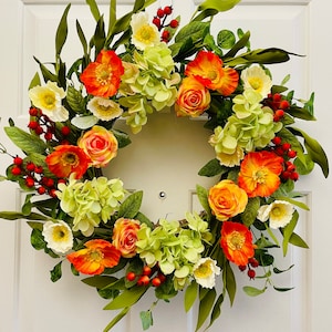 Spring/Summer flowers wreath, Front door flowers wreath, Summer orange flowers wreath, Everyday wreath