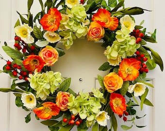 Spring/Summer flowers wreath, Front door flowers wreath, Summer orange flowers wreath, Everyday wreath