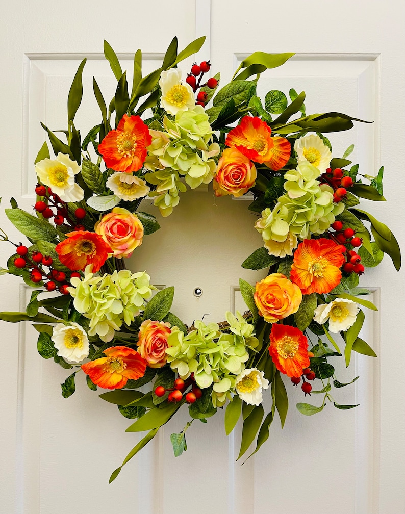 Spring/Summer flowers wreath, Front door flowers wreath, Summer orange flowers wreath, Everyday wreath image 1