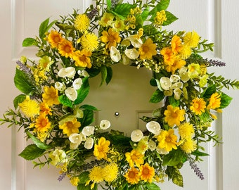 Spring/Summer flowers wreath, Flowers wreath for front door, Spring  wreath for front door, Summer flowers wreath, Yellow flowers wreath