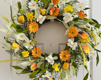 Spring/Summer orange flowers wreath, Front door yellow flowers wreath, Summer orange flowers wreath, Everyday wreath