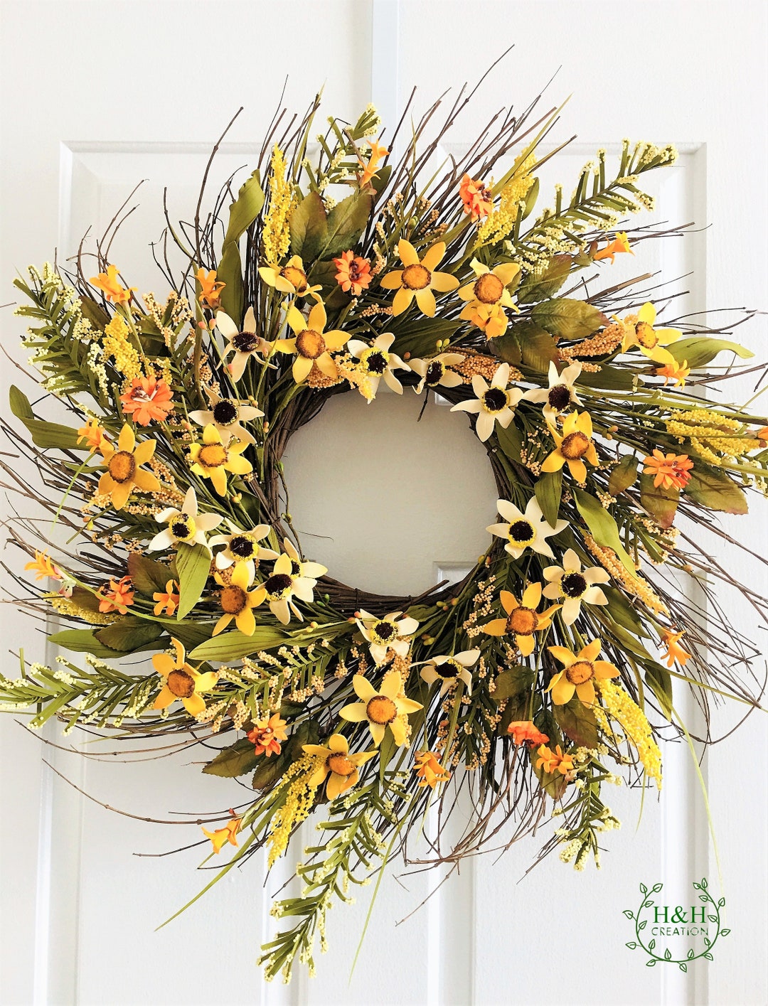 Summer/fall Wreath for Front Door, Yellow Flowers Wreath, Flowers Berry ...