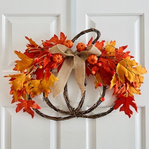 Fall pumpkin leaves wreath, Halloween, Pumpkin wreath with bow, Maple leaves pumpkin wreath, Grapevine & berry pumpkin wreath, Maple orange.