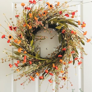 Orange Flower Wreath, Elegant Spring Summer Door Decor, Yellow orange flower wreath, Elegant flowers wreath, Summer&Fall flowers wreath