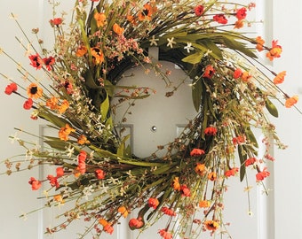 Flower berry wreath, Summer flowers wreath, Elegant flowers wreath, Red orange flowers wreath, Door flower wreath, Everyday flower wreath.