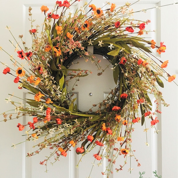 Flower berry wreath, Summer flowers wreath, Elegant flowers wreath, Red orange flowers wreath, Door flower wreath, Everyday flower wreath.