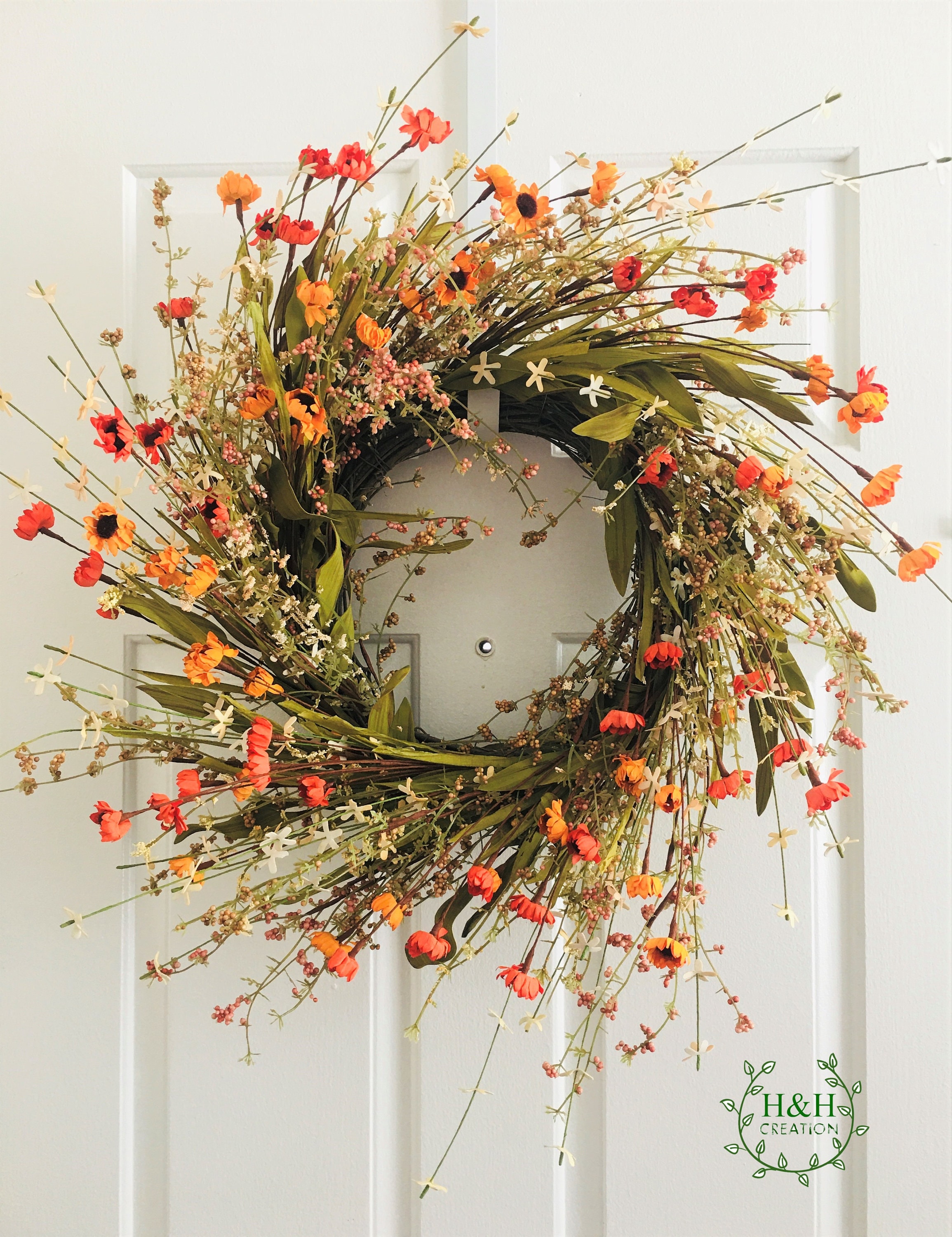 Orange Flower Wreath, Elegant Spring Summer Door Decor, Yellow orange flower wreath, Elegant flowers wreath, Summer&Fall flowers wreath