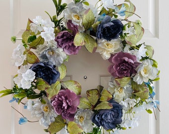 Spring purple/blue flowers wreath, Purple flowers wreath for front door, Spring/Summer purple wreath, Summer purple flowers wreath.