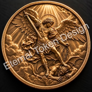Può includere: Un medaglione circolare color bronzo con una scultura in altorilievo di un angelo con grandi ali che tiene una spada e una catena, in piedi sopra una creatura cornuta. Lo sfondo mostra raggi solari e nuvole. Testo: Eternal Token Design.