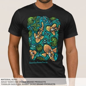 May include: Black t-shirt with a colorful graphic design featuring stylized fish, water, and the text "Go with the Flow".
