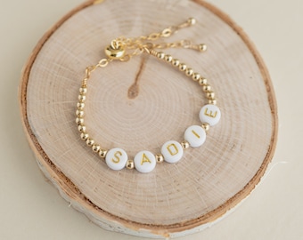 Personalized Baby Name Bracelet with Gold Beads/ Adjustable Toddler Bracelet/ Grow with Baby Bracelet/ Girl Name Bracelet/ New Baby Gift