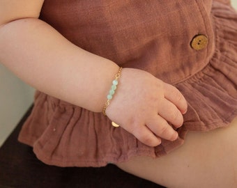 Green Jade Bracelet for Baby/ Gold Baby Bracelet/ Baby Bracelet with Initial/ Baby Jewelry/ Little Girl Gold Bracelet