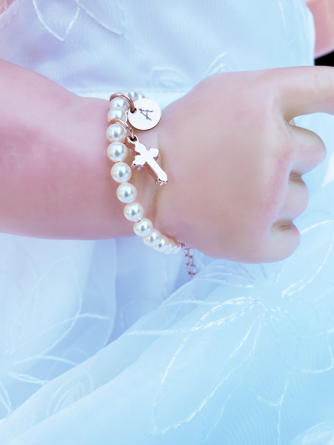 Baby Baptism Bracelet/ Toddler Pearl Bracelet/ Infant Cross Bracelet