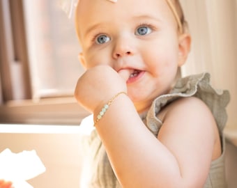 Green Jade Bracelet for Baby/ Gold Baby Bracelet/ Baby Bracelet with Initial/ Baby Jewelry/ Little Girl Gold Bracelet