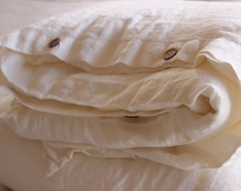 Linen duvet cover. Stonewashed organic soft comforter cover in off-white color. Twin Full Queen King CalKing ruffled duvet cover. Bedding