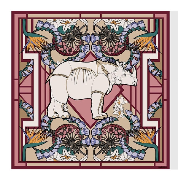 Italian Designer 47" Pink Rhino Silk Bandana, Super Large 120cm Square Scarf, Animal Illustration Lily Floral Shawl (Flawed)