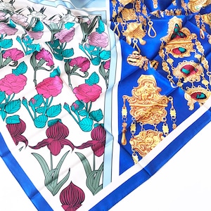 Slightly Flawed- 120CM Italian Designer Pure Silk Large Square Head Scarf Hair Wrap Neckerchief Vintage Floral Pink Blue Yellow Boho Baroque