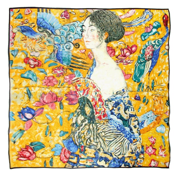 100% Pure Wool Women Large Square Scarf, Lady with Fan by Gustav Klimt, Phoenix Lotus Print Yellow Pashmina Shawl, Art to Wear, Gift for Mum