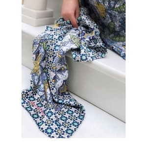 PURE SILK Italian Vintage Designer Foulard Large Square Scarf 90cm Head Neck Hair Wrap Moroccan Style Floral Blue Yellow Bandana Mother Gift